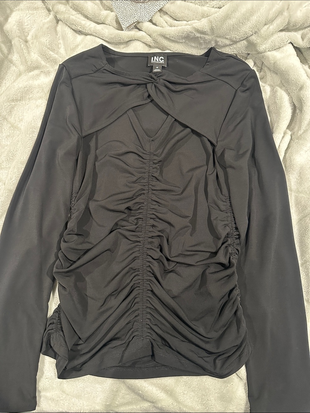 INC International Concepts Black Twisted Neck Ruched Long-Sleeve Top